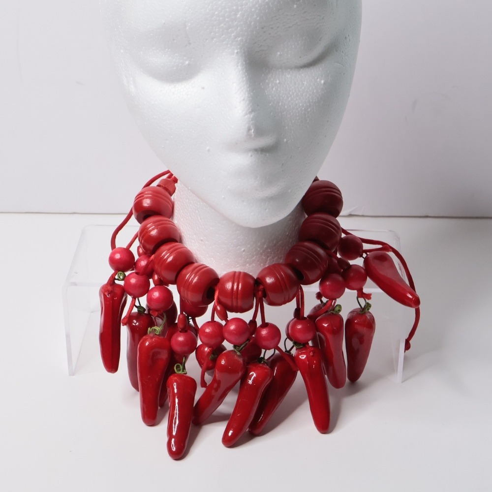 Red Chili Pepper Statement Necklace Wood Bead Ceramic Pepper Charm Bold Boho